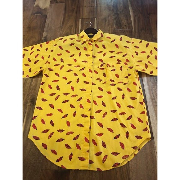 PASTA Crazy 80s Yellow Red Lips Button-Up Shirt Sz Small RARE Lipstick y2k VGT - Picture 2 of 9